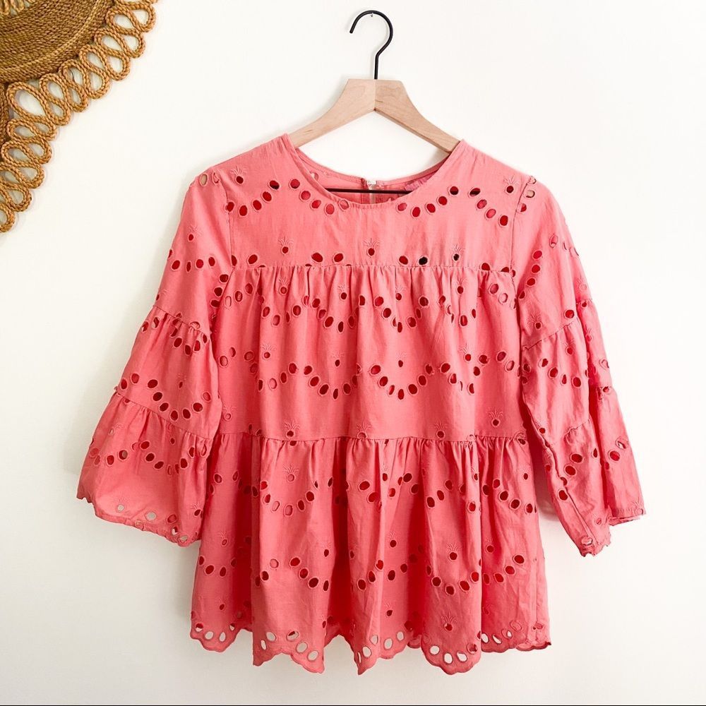 Simply Southern Coral Pink Eyelet Lace Baby Doll Scalloped 3/4 Sleeve Shirt NWT